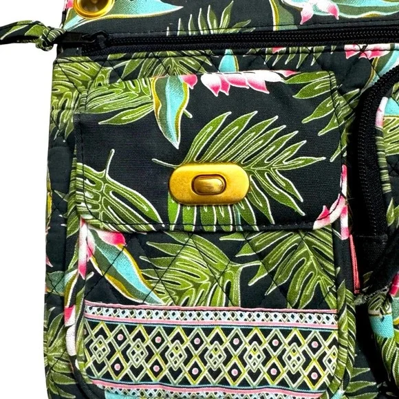 MaggiB Crossbody Purse Topical Green Cotton Quilted Travel Floral Leaves - Picture 3 of 10